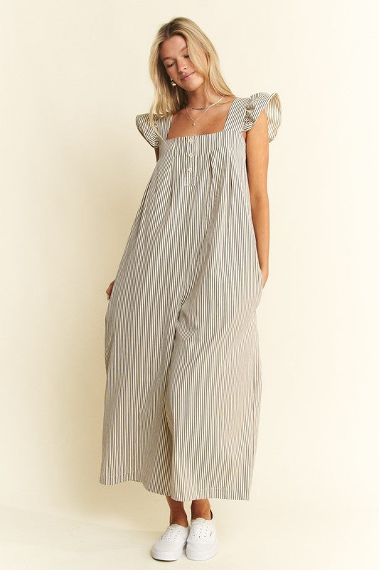 loose jumpsuit dress Ruffle Shoulder Striped Loose Jumpsuit Small
