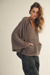 Brown Vintage Washed V-Neck Hoodie Sweatshirt