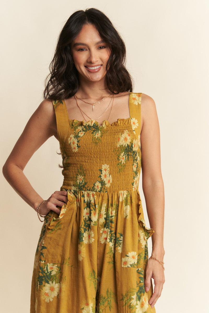 Daisy Smocked Wide Leg Jumpsuit in Yellow