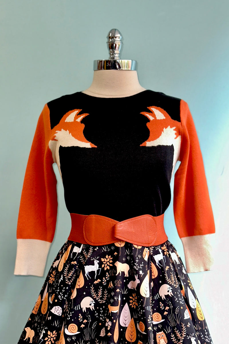 Black and Orange Fox Pullover Sweater