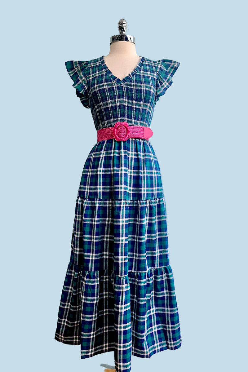 Blue Plaid Ruffle Sleeve Smocked Midi Dress Modern Millie Blue Plaid Ruffle Sleeve Smocked Midi Dress Modern Millie