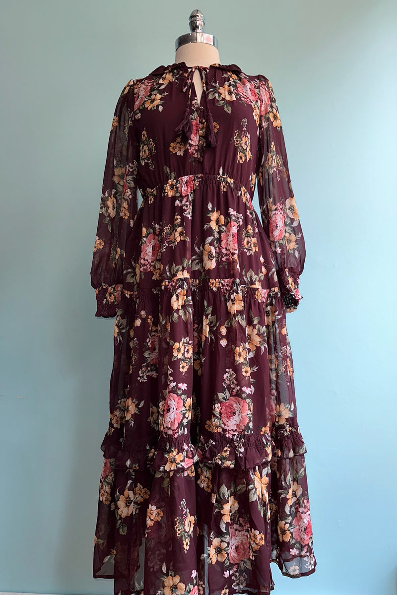 Tie Front Floral Maxi Dress in Burgundy