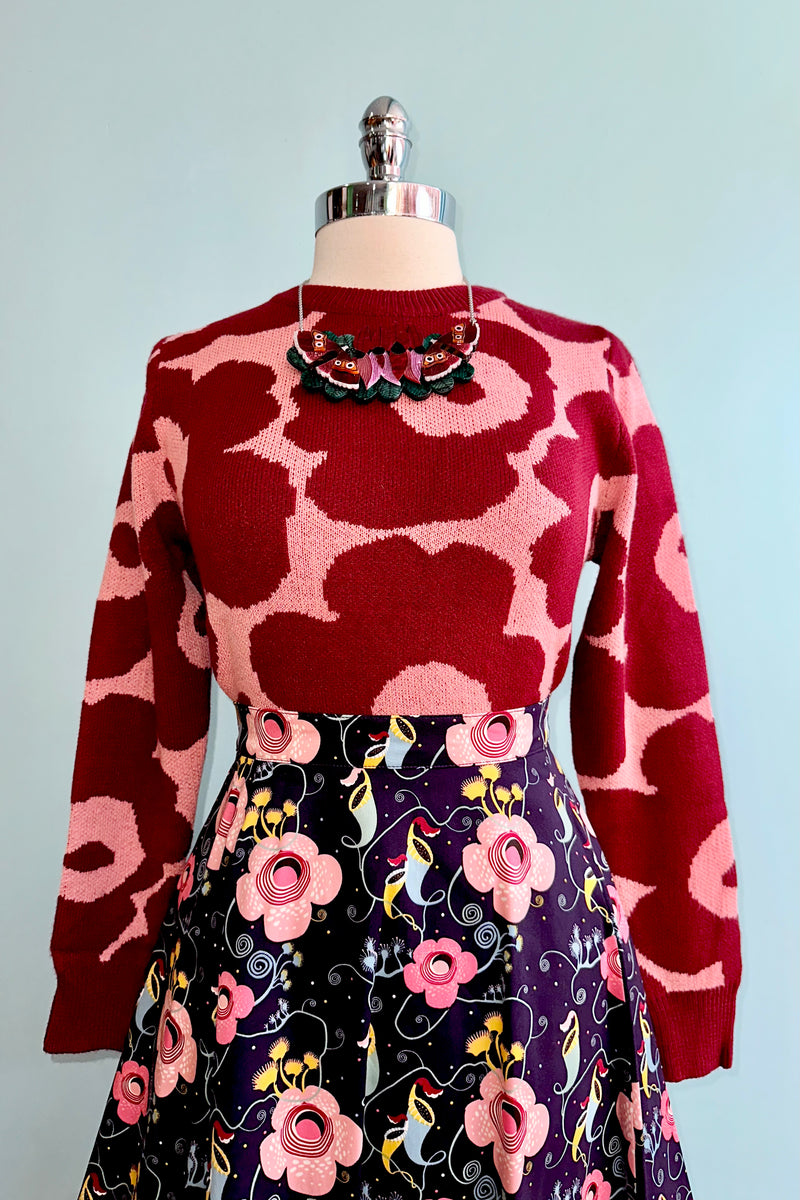 Pink & Burgundy Large Scale Floral Print Sweater