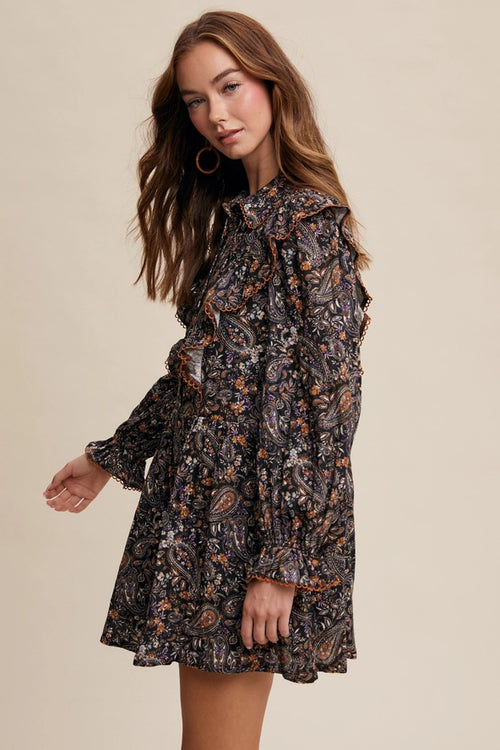 Black Paisley Ruffle Mini Dress