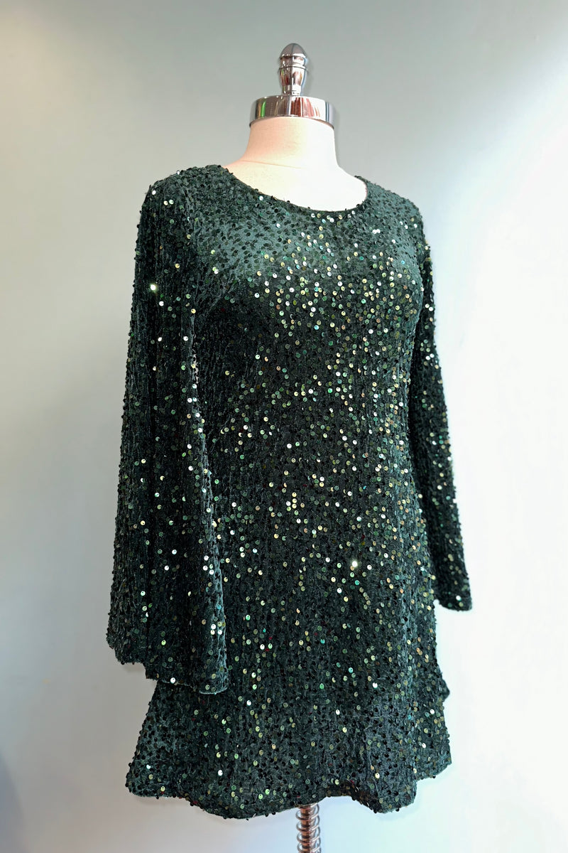 Green Sequin Bell Sleeve Mini Dress