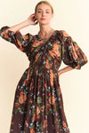 Brown Floral Smocked Maxi Dress