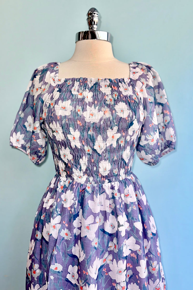 Lavender Floral Bubble Sleeve Midi Dress