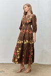 Brown Floral Print Bubble Sleeve Maxi Dress