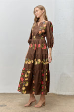 Brown Floral Print Bubble Sleeve Maxi Dress