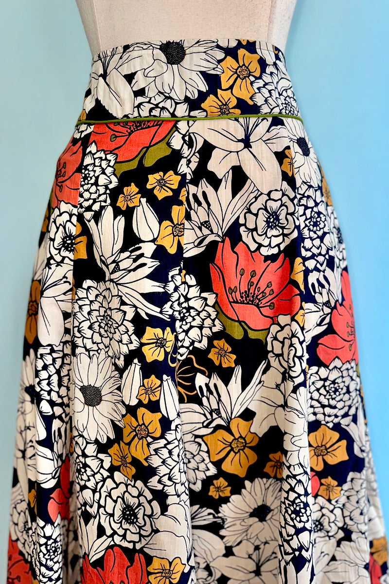 Navy and Orange Daisy Print Midi Skirt by Apsara Medium