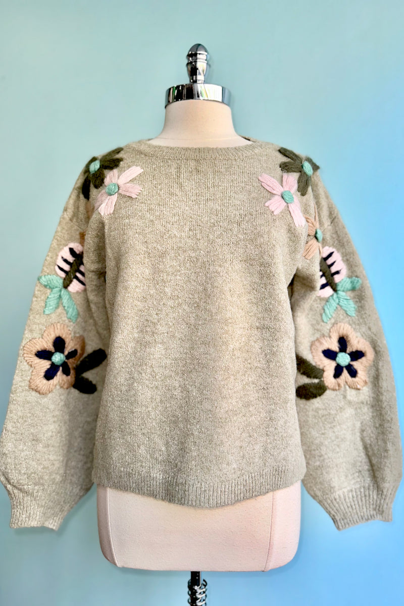 Floral Embroidered Pullover Sweater in Olive