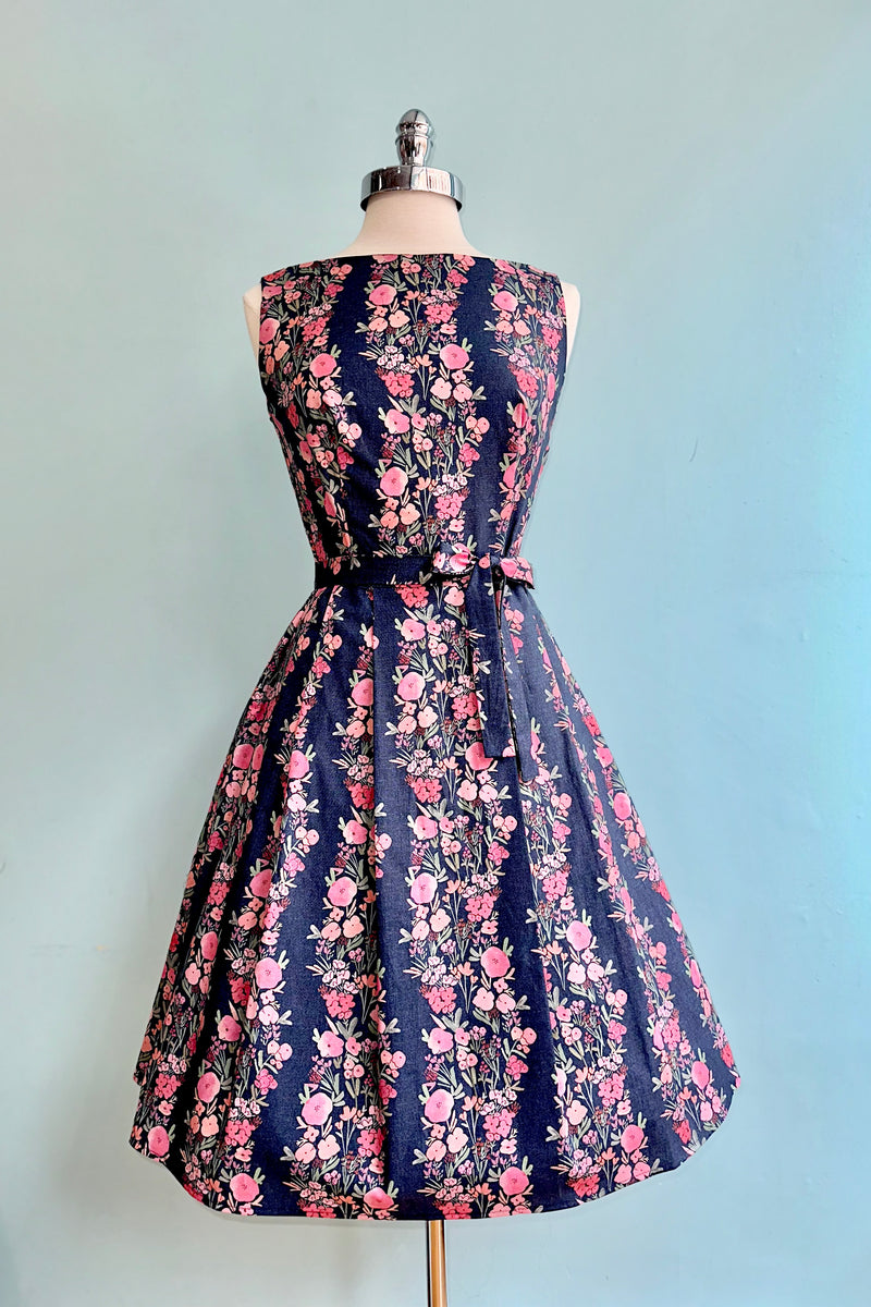 navy dress pink flowers Cap Sleeve Floral Chiffon A Line Midi Dress In Navy Pink Multi, Navy/Pink Multi / Regular / 0