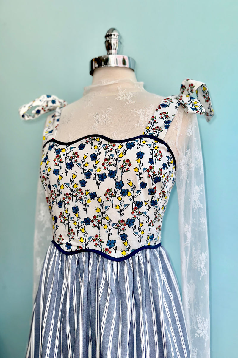 Blue Floral and Striped Print Midi Dress