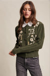 Puff Sleeve Embroidered Floral Cardigan in Dark Olive