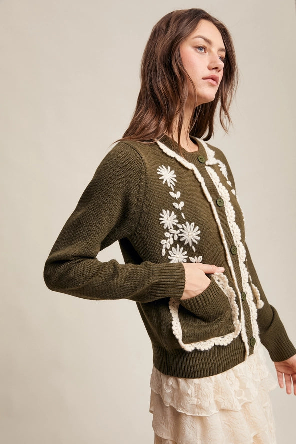 Olive Daisy Embroidered Trim Cardigan