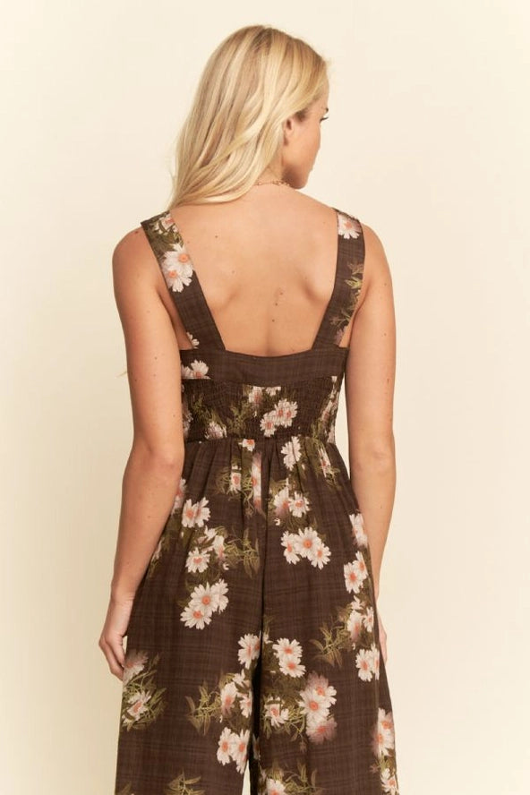 Daisy Smocked Wide Leg Jumpsuit in Mocha Brown