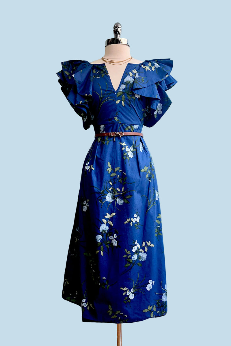 Statement Flutter Sleeve Blue and Green Floral Midi Dress – Modern Millie