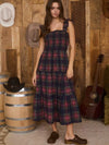 Navy Plaid Smocked Ruffle Sleeveless Midi Dress