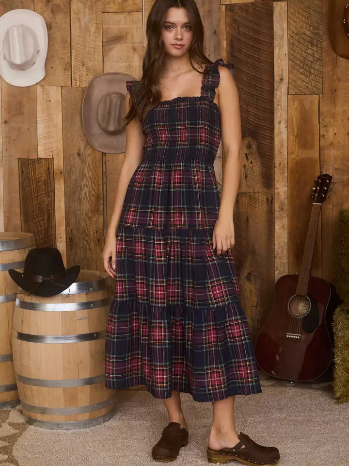 Navy Plaid Smocked Ruffle Sleeveless Midi Dress