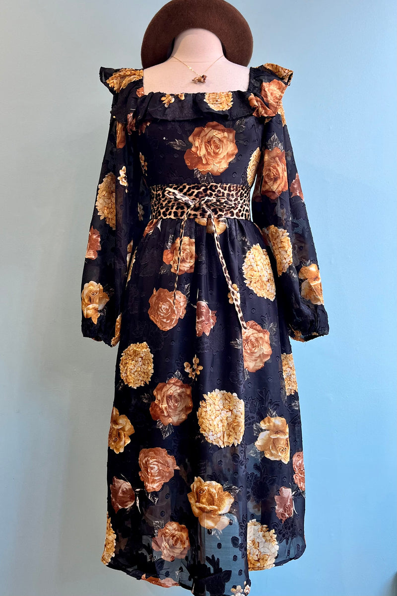 Black and Rust Floral Ruffle Trim Midi Dress