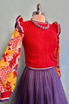 Rust and Purple Cable Knit Sweater Vest with Floral Sleeves