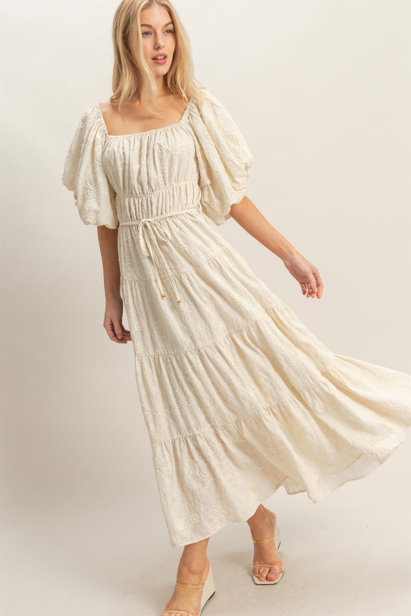 puff shoulder midi dress Cream Embroidered Puff Sleeve Midi Dress