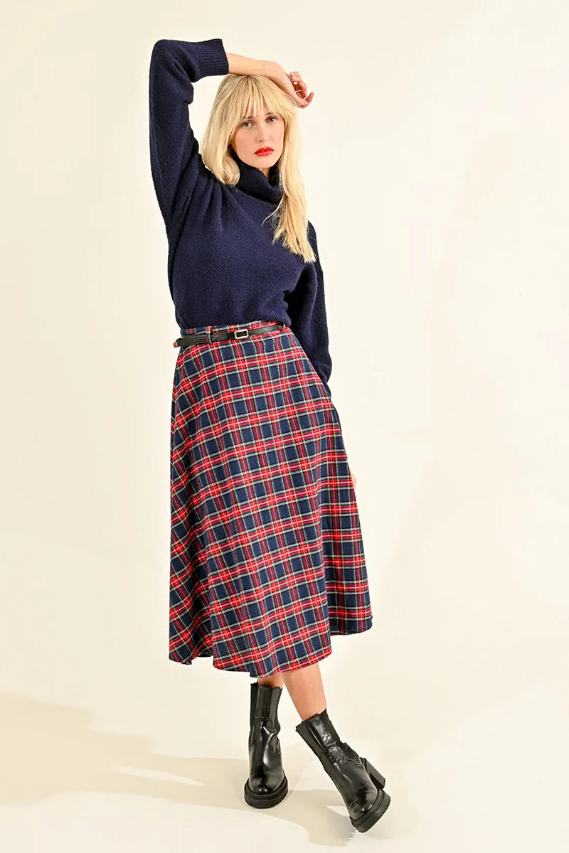 Red and Navy Plaid Midi Skirt by Lili Sidonio