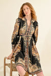 Black and Gold Paisley Shirt Dress by Molly Bracken