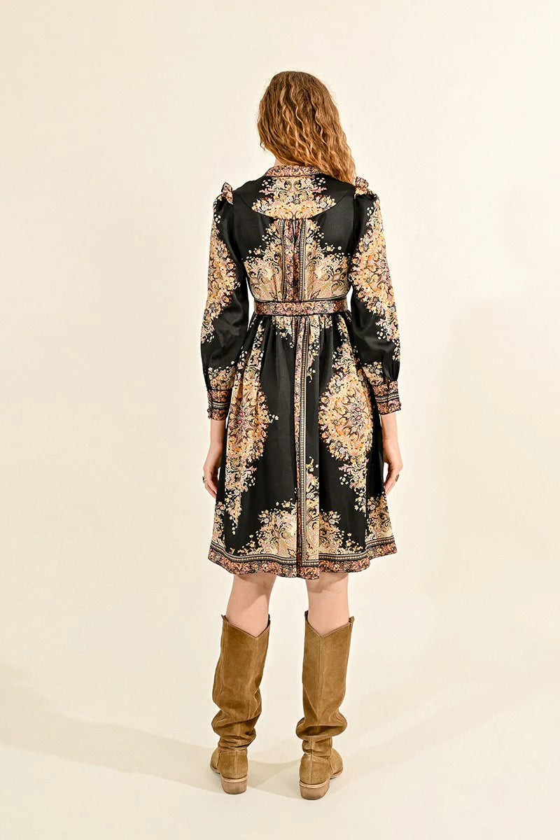 Black and Gold Paisley Shirt Dress by Molly Bracken