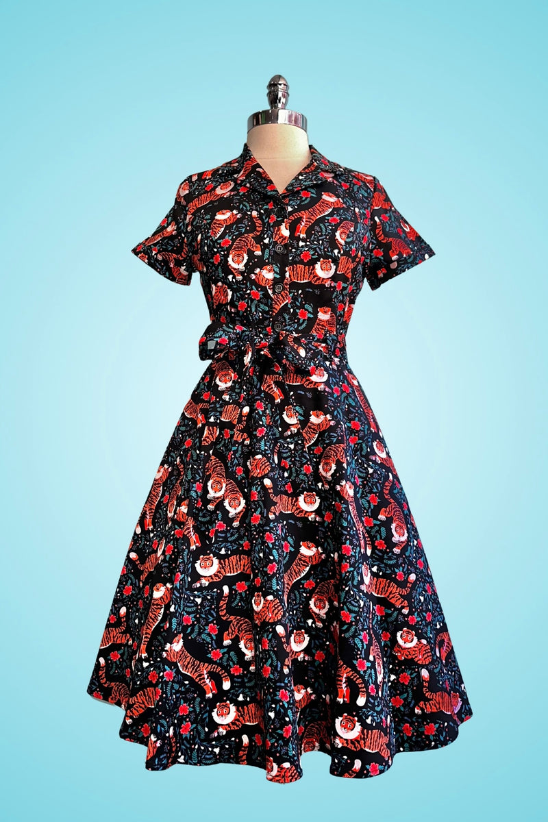 Tiger Flower Field Knee-Length Shirtwaist Dress by Eva Rose Modern Millie Tiger Flower Field Knee-Length Shirtwaist Dress by Eva Rose Modern Millie