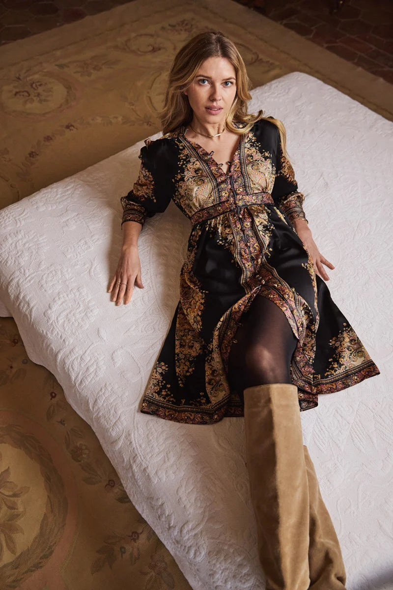 Black and Gold Paisley Shirt Dress by Molly Bracken