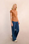 Camel Short Sleeve Ribbed Sweater by Molly Bracken