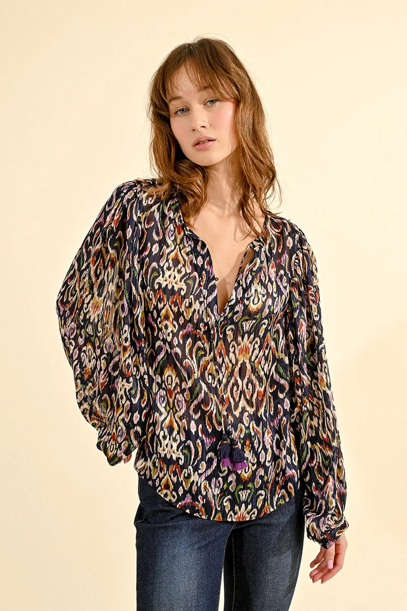 Navy Printed Balloon Sleeve Blouse by Molly Bracken