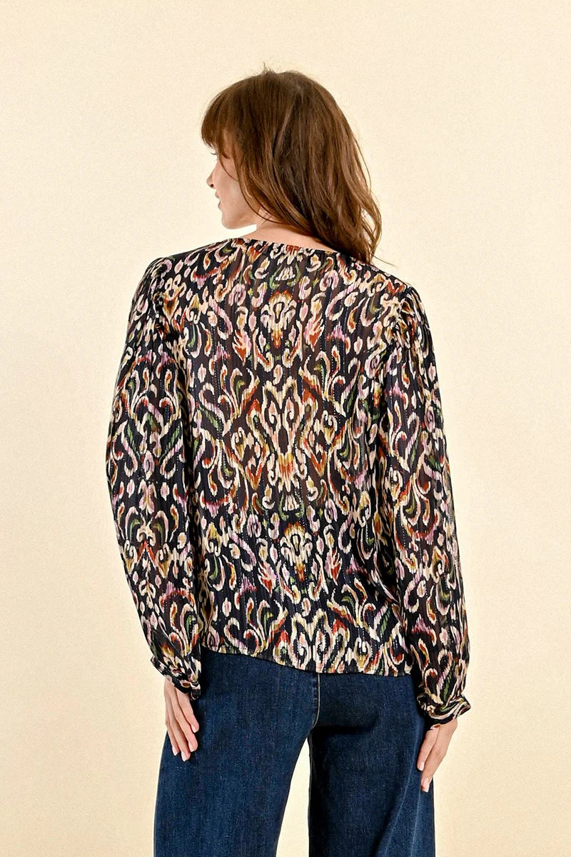 Navy Printed Balloon Sleeve Blouse by Molly Bracken