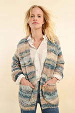 Chunky Knit Open Cardigan in Blue and Tan by Molly Bracken