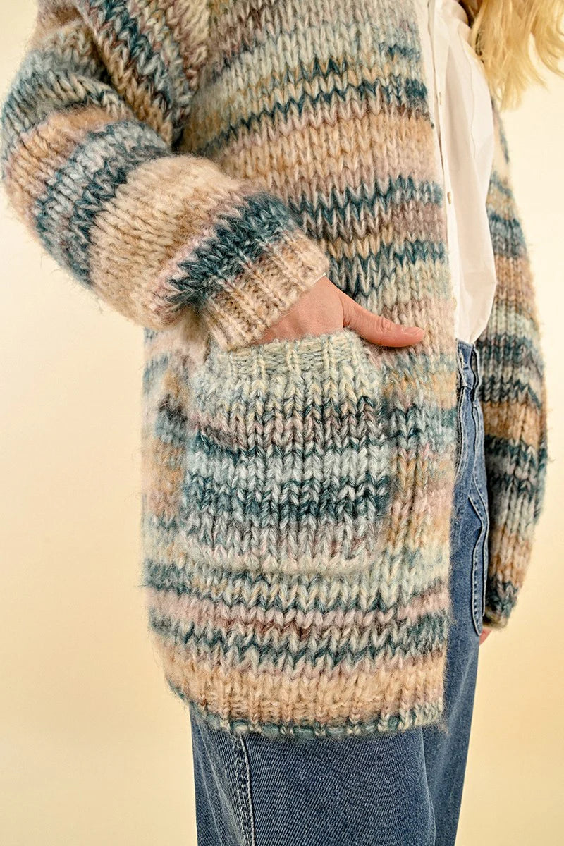 Chunky Knit Open Cardigan in Blue and Tan by Molly Bracken