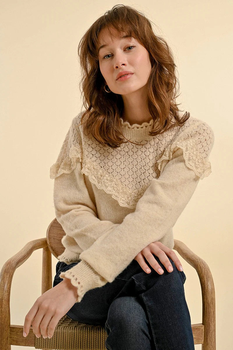 Cream Ruffled Pointelle Sweater by Molly Bracken