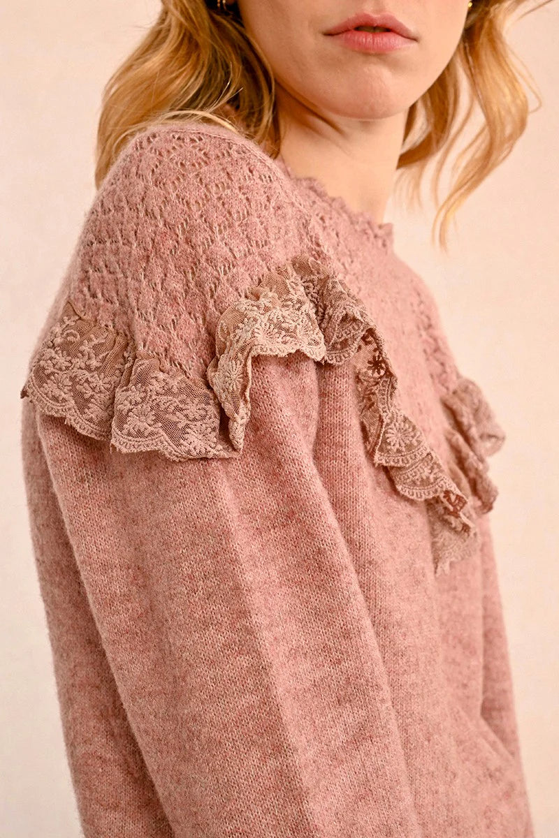 Pink Ruffled Pointelle Sweater by Molly Bracken