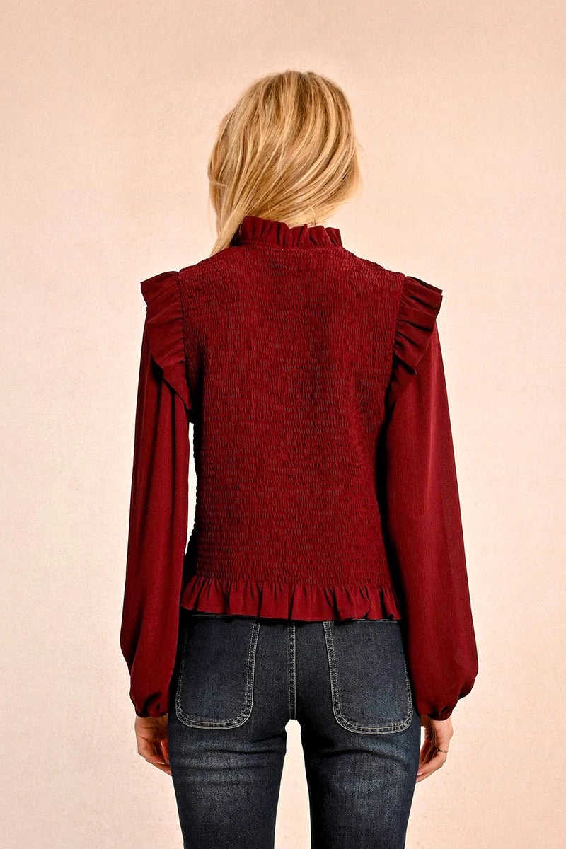 Burgundy Ruffled and Smocked Blouse by Molly Bracken