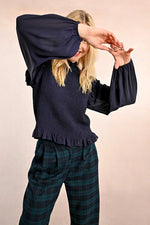 Navy Ruffled and Smocked Blouse by Molly Bracken