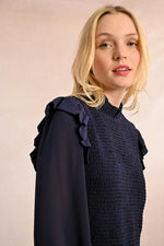 Navy Ruffled and Smocked Blouse by Molly Bracken