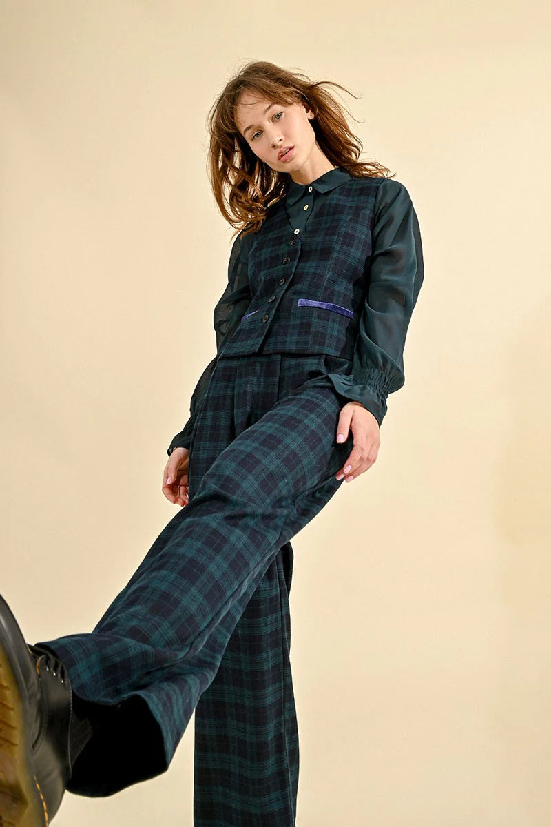 Navy Blue Plaid Wide Leg Pants by Molly Bracken