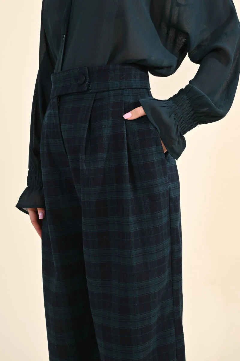 Navy Blue Plaid Wide Leg Pants by Molly Bracken