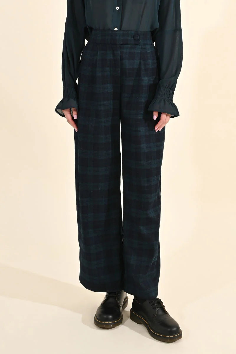 Navy Blue Plaid Wide Leg Pants by Molly Bracken