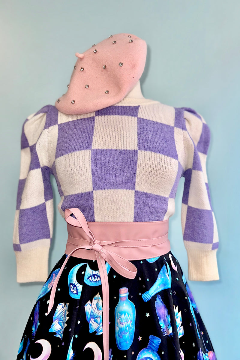 Lavender and Cream Checker Puff Sleeve Sweater