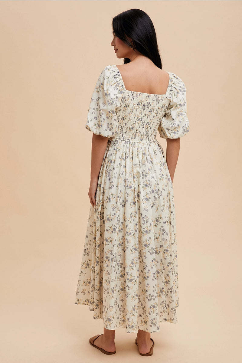 Corset Lace-Up Balloon Sleeve Midi Dress in Cornflower Floral