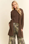 Brown Long Boucle Belted Open Cardigan
