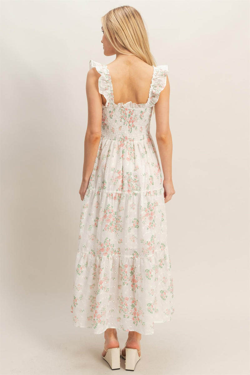 Pink Floral Eyelet Smocked Midi Dress Medium Pink Floral Eyelet Smocked Midi Dress Medium