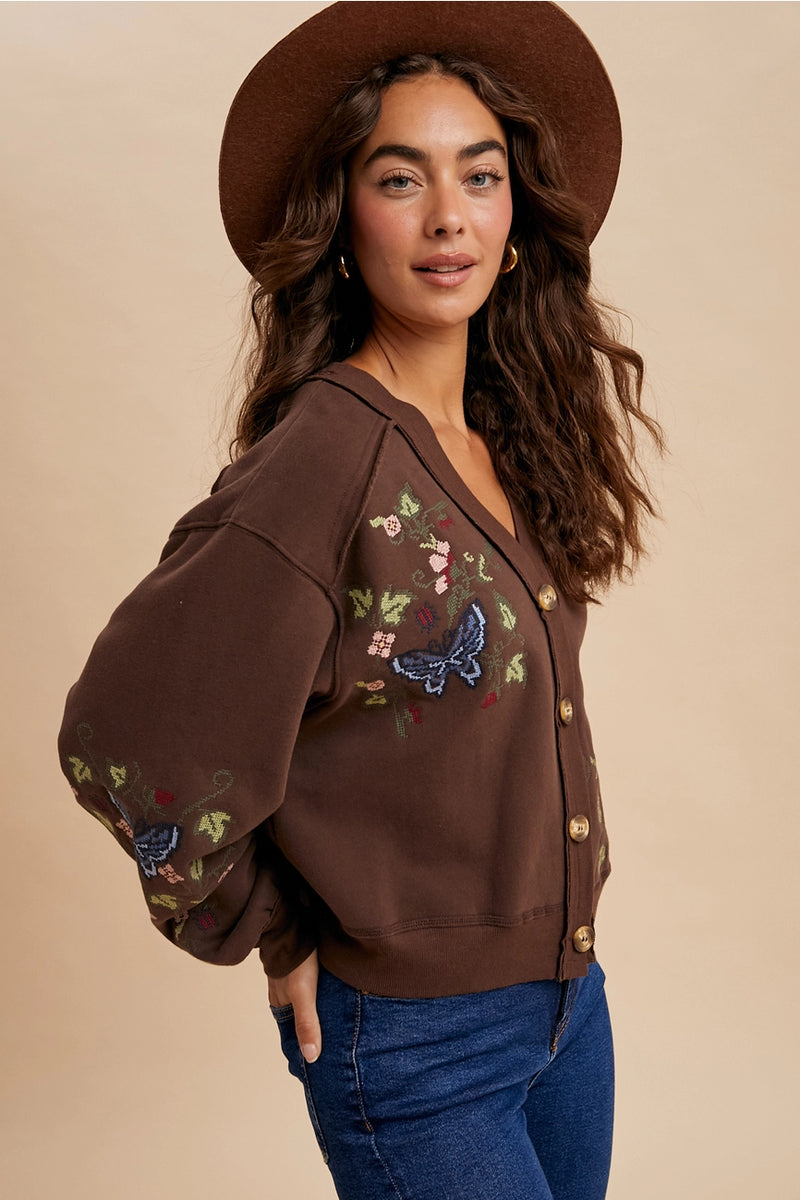 Brown Embroidered Cardigan Sweatshirt
