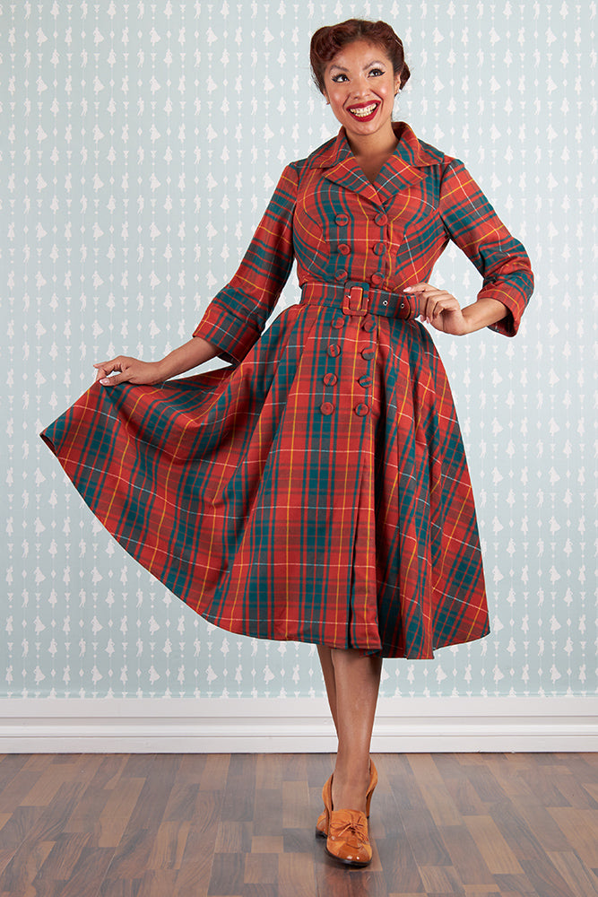 Edrice-Fire Rust Plaid Coat Dress by Miss Candyfloss 2X-Large Edrice-Fire Rust Plaid Coat Dress by Miss Candyfloss 2X-Large